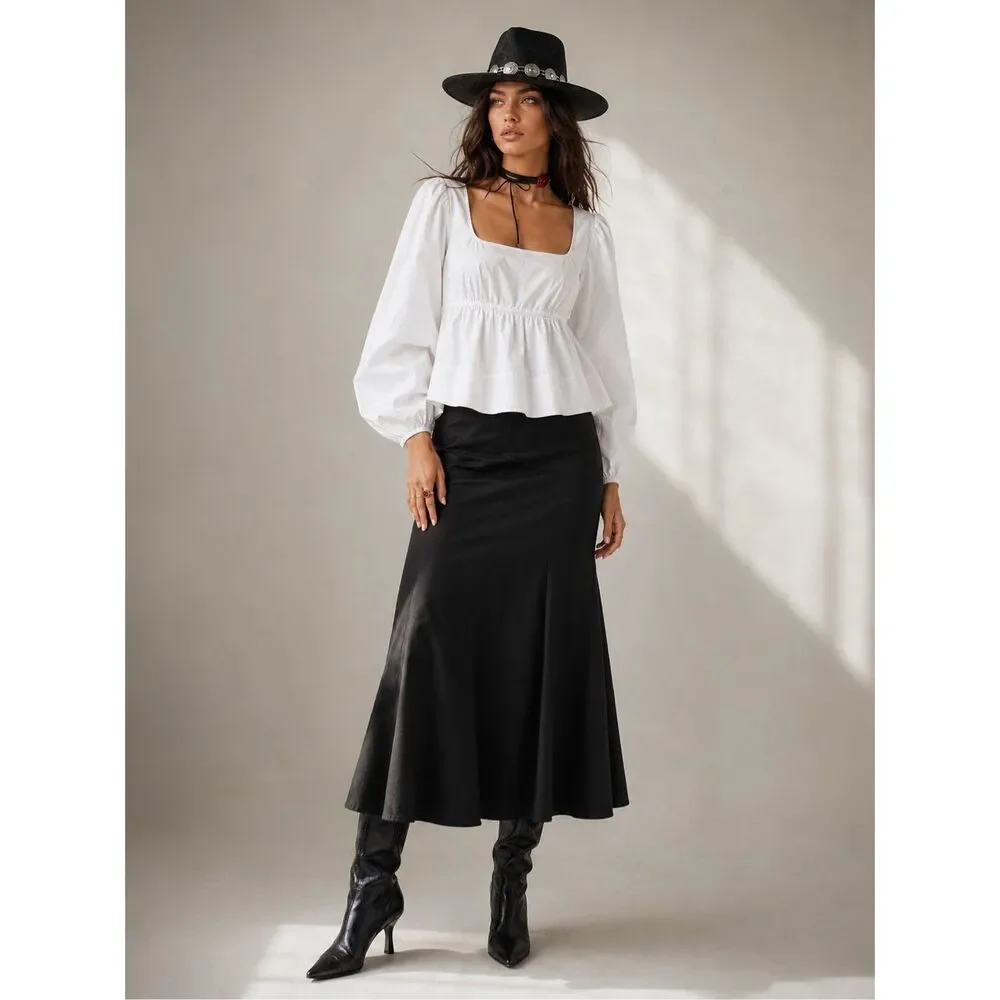 STAUD Sophie Blouse M White Square Neck Babydoll Peplum Puff Sleeve Top